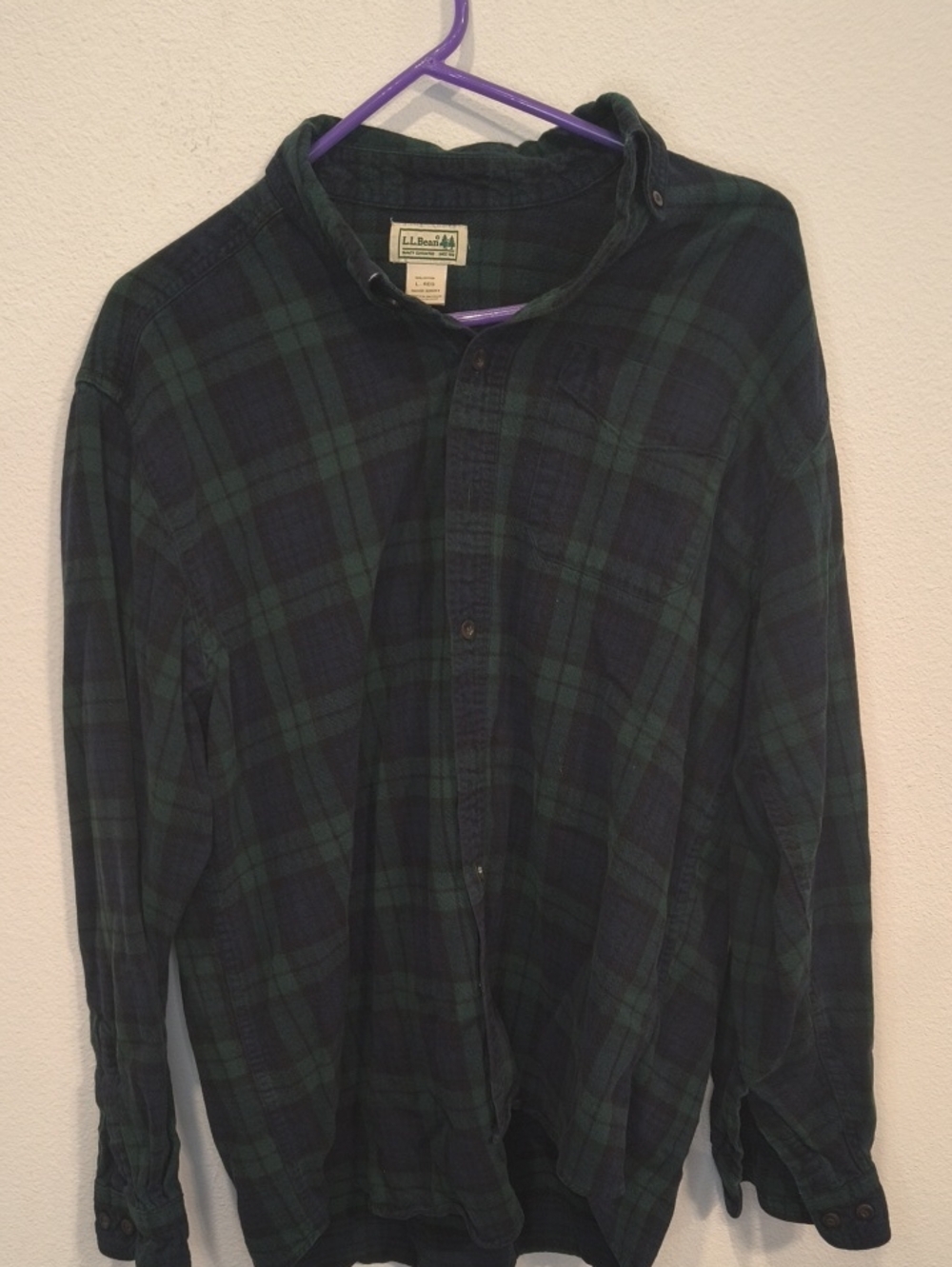 L.L. Bean Green & Navy Plaid Winter weight Shirt Large